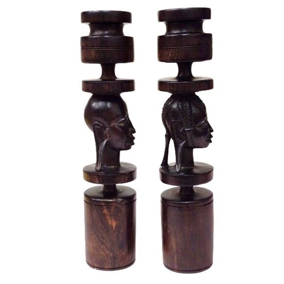 Artisan Handcrafted African Tribal Ironwood Male Female Bust Candlestick Holders - Picture 4 of 10